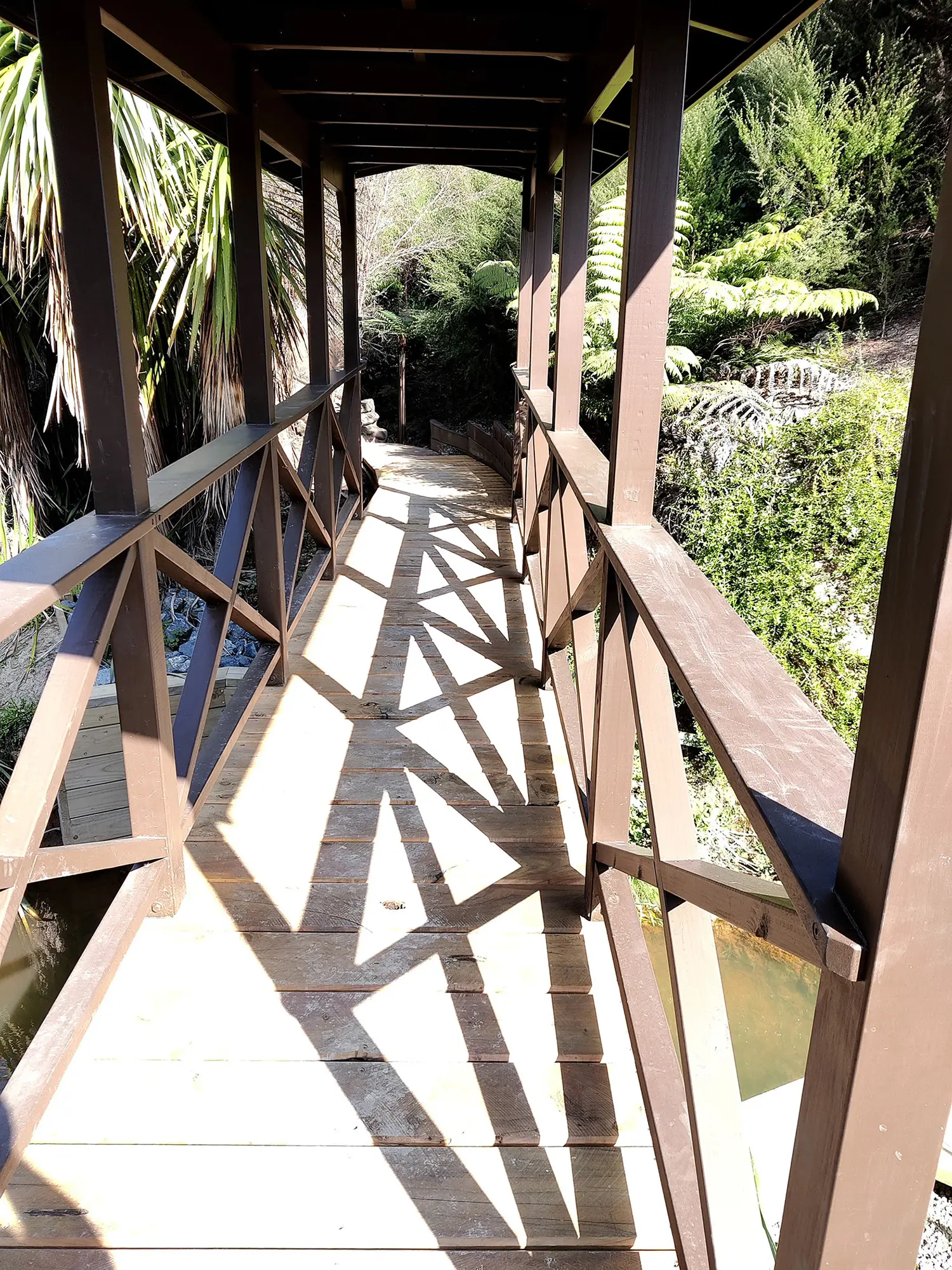 Looking along the rebuilt bridge's covered walkway