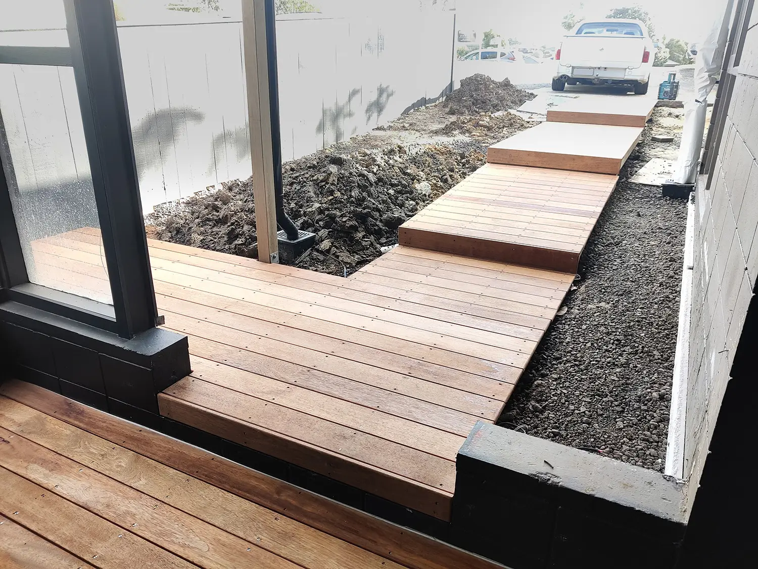 Front entrance after redesign, with new kwila decking