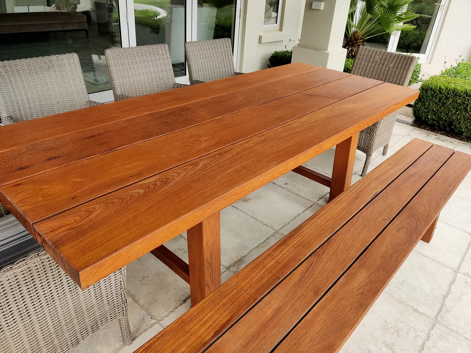 Custom outdoor timber table and bench