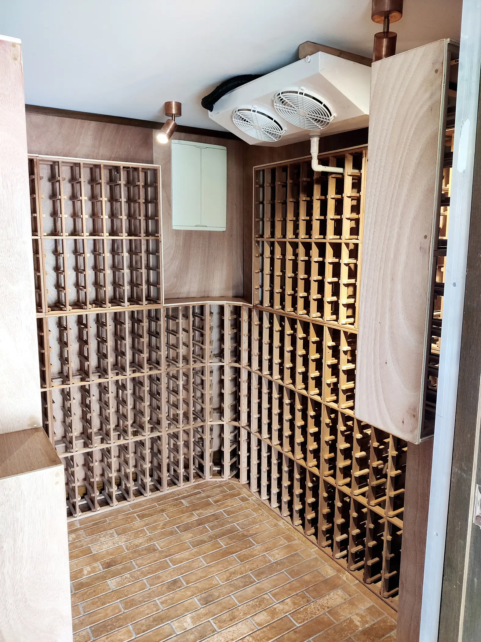 Custom curved wine racking, full room view